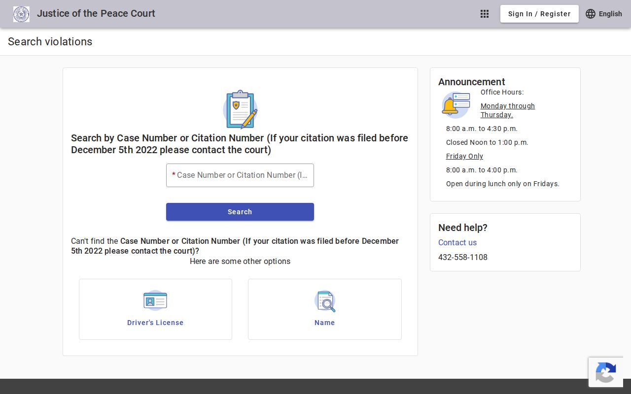Crane County traffic court records search fields in the Justice of the Peace portal