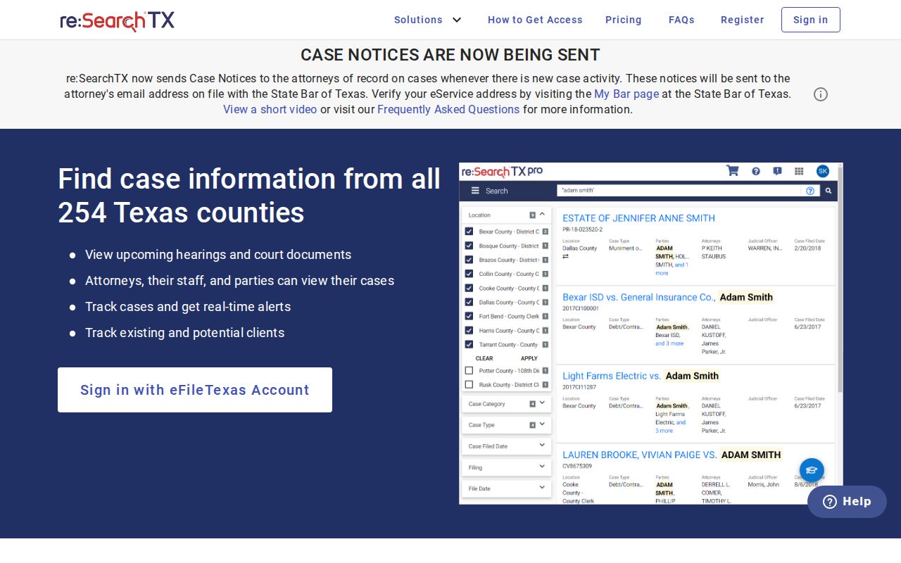 Official re:SearchTX statewide court records search landing response for Crane County users